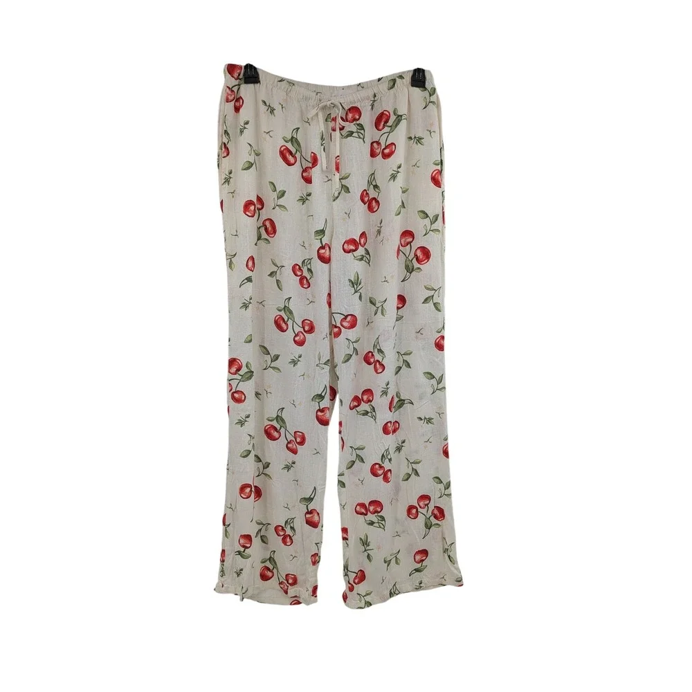 Boho Resortwear Cherry Linen Blend Wide Leg Cream Red Drawstring Fruit XL Pants